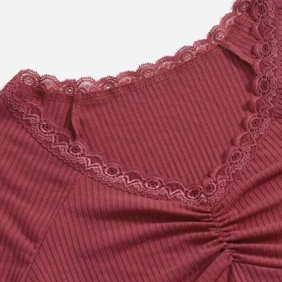 Lace Trim Raglan Sleeve Ruched Rib-knit Crop Tee - Picture 3 of 6